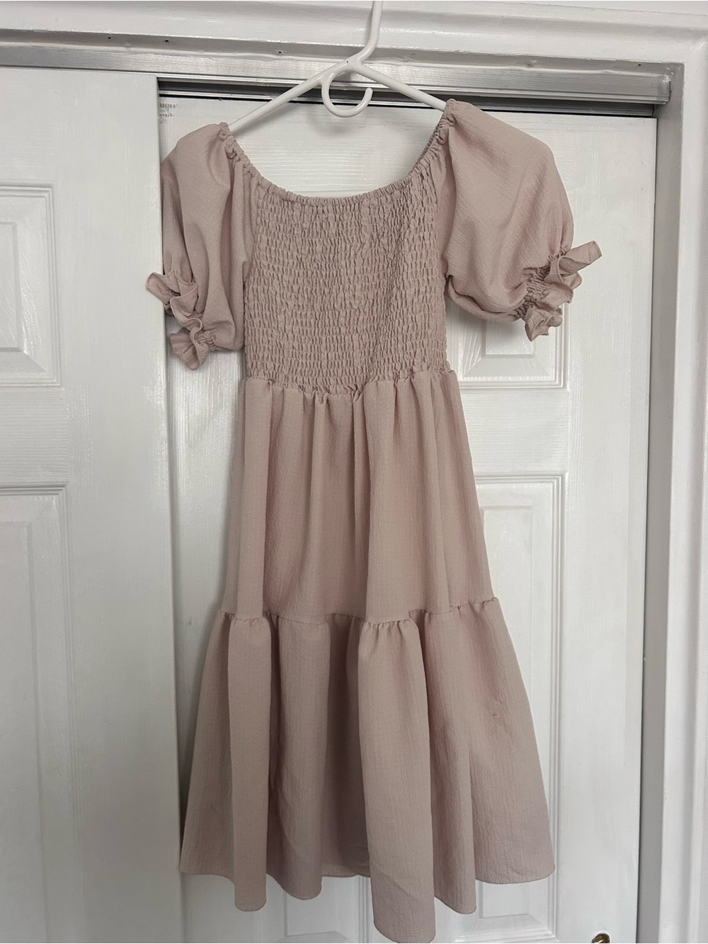 Smocked Puff Sleeve Mini Dress in tan